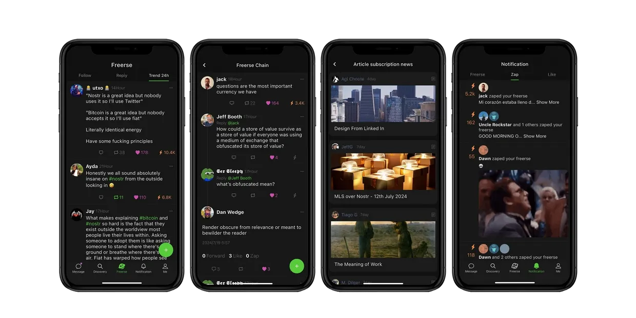 Freerse App Screenshots showing main feed, discussions, articles, and notifications